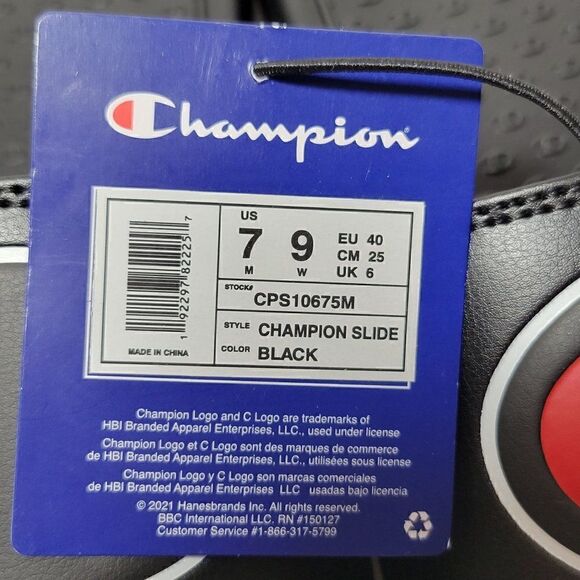 Champion Unisex Slide Sandals Men Size 7 Women Size 9 Black Hook & Loop Closure - Picture 12 of 12